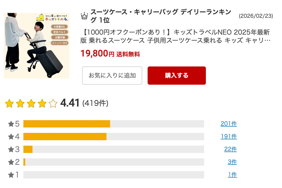 キッズトラベルネオの楽天での評価
